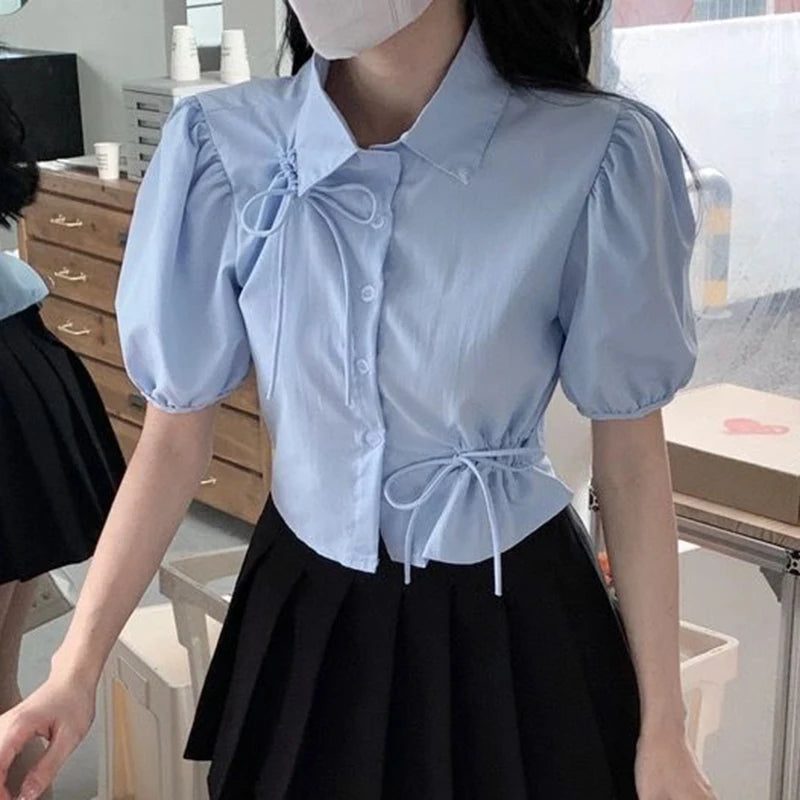 Koisoon Elegant Women Bow Shirt Korean Fashion Design Chic Tops Y2K Casual Female All Match Puff Sleeve Shirt Summer New