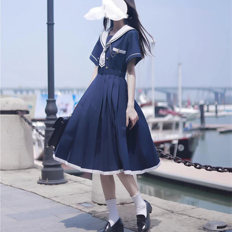 Koisoon Vintage Elegant Women Dress Japan Style Casual Patchwork Belt Female Dresses Summer Ball Gown Cute Student Pleated Dress