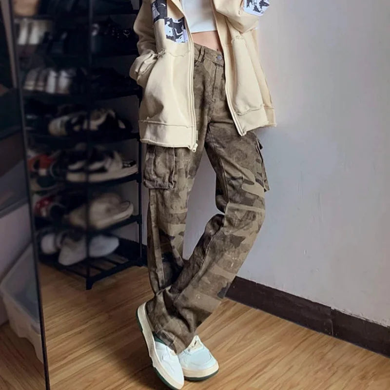 Koisoon Streetwear Fashion Women Camouflage Cargo Jeans Spring Autumn Hip Hop Vintage High Waist Pant Washed Loose Wide Leg Y2k Trousers