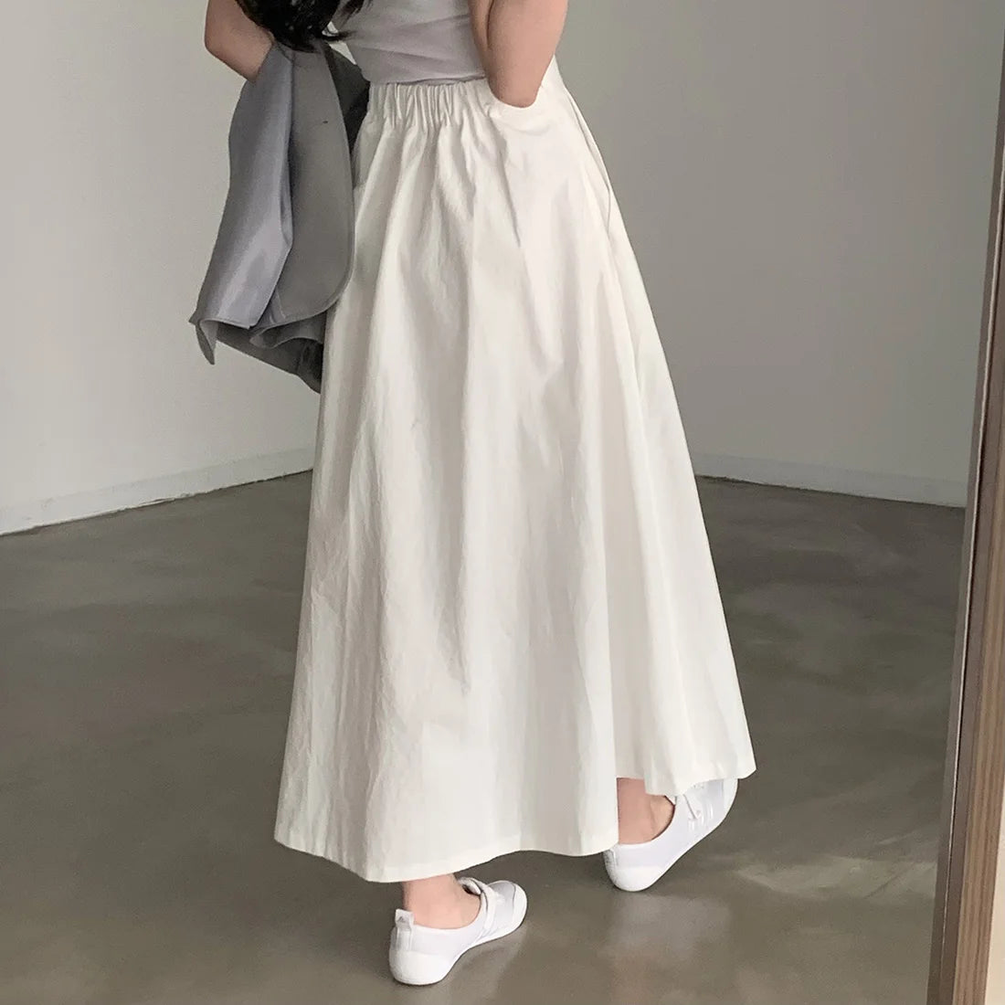 Koisoon Elegant Women White Long Pocket Skirts For Female Casual Loose A-Line High Elastic Waist Midi Skirt 2024 Spring Summer L986