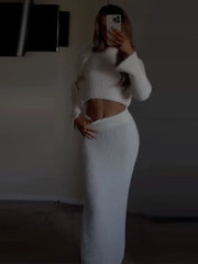 Koisoon Solid Knitted Round Neck Crop Tops Half Skirt Set Women Chic Long Sleeves Sweater Midi Skirts Suit Winter High Streetwear