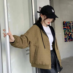 Koisoon Spring Autumn New Baseball Uniform Coat Women Fashion Design Sense Fake Two Coats Female Hooded Loose Large Size Bomber Jacket