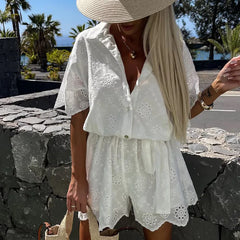 Koisoon Ladies Fashion Lace Up Holiday Romper New Summer White Casual Lapel Shorts Playsuits Sexy Lace Embroidered Hollow Shirt Jumpsuit