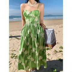 Koisoon 2024 New Summer Green Floral Vacation Dress for Women High Quality Female Korean Evening Clothing Long Sweet Boho Beach Dresses