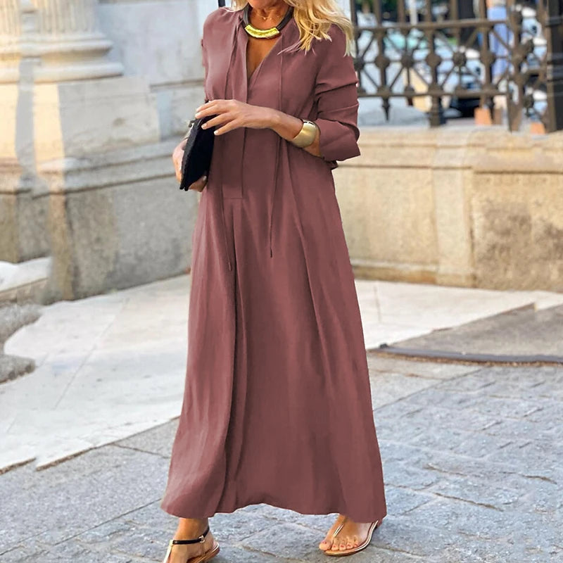 Koisoon Women Elegant Simple Long Dress Autumn Casual Long Sleeve Loose Party Dress Spring Fashion V-neck Pleated Hem Beach Dresses