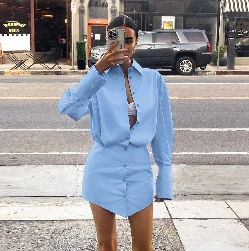 Koisoon Blue Shirts Dress Slim Women Classic Lapel Long Sleeves Pleated Pencil Mini Dress Summer Autumn 2024 Office Ladies