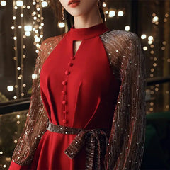 Koisoon Elegant Vintage Fairy Dress Women Red Patchwork Korean Style Sequined Dress Female Autumn Casual Evening Party Dresses Chic