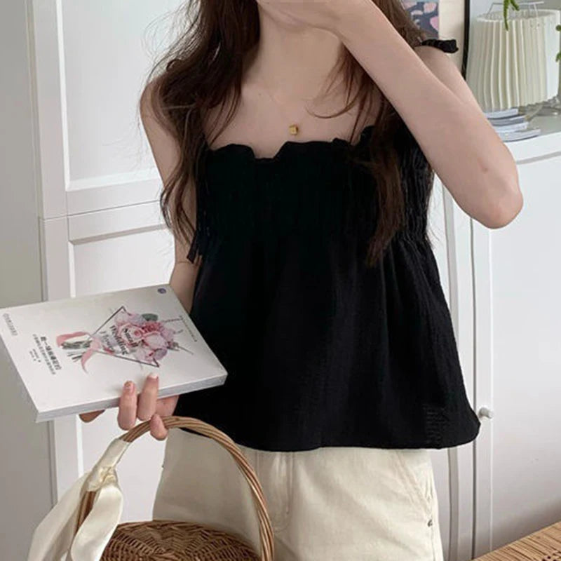 Koisoon Sexy Off Shoulder Camis Women Summer Ruched Loose Lace Up Tops Y2K All Match Female Korean Black Tanks New