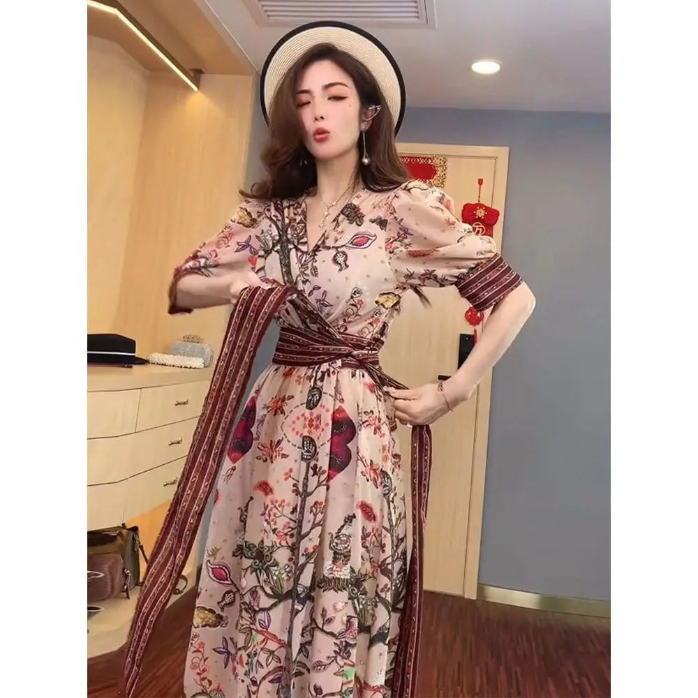 Koisoon Korean Fashion Puff Sleeve Floral Dress Loose Waist With Bandage New Women's Summer Dresses Elegant Casual Midi Vestidos Mujer