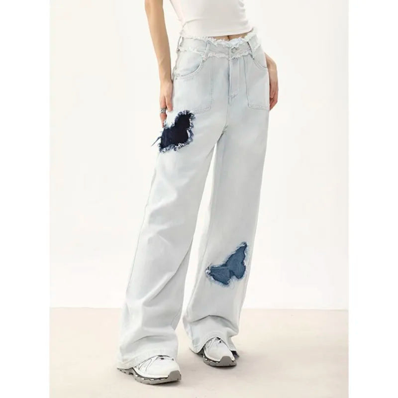 Koisoon Autumn And Winter High-waisted Jeans For Women's Streetwear Vintage Butterfly Patchwork Denim Pants Ragged Wide Leg Jeans