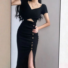 Koisoon Vintage Women Korean Dress Casual Sexy Hollow Out Midi Dresses Elegant Female Designed Buttons Slit Ball Gown Dress New