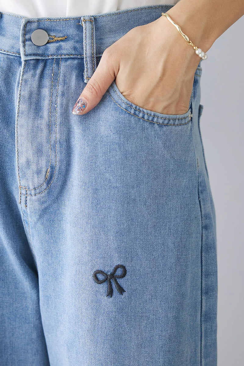 Koisoon Stylish Women Embroidery Bow Denim Wide Leg Pants Ladies High Waist 2024 Spring Summer Loose  Jeans Trousers