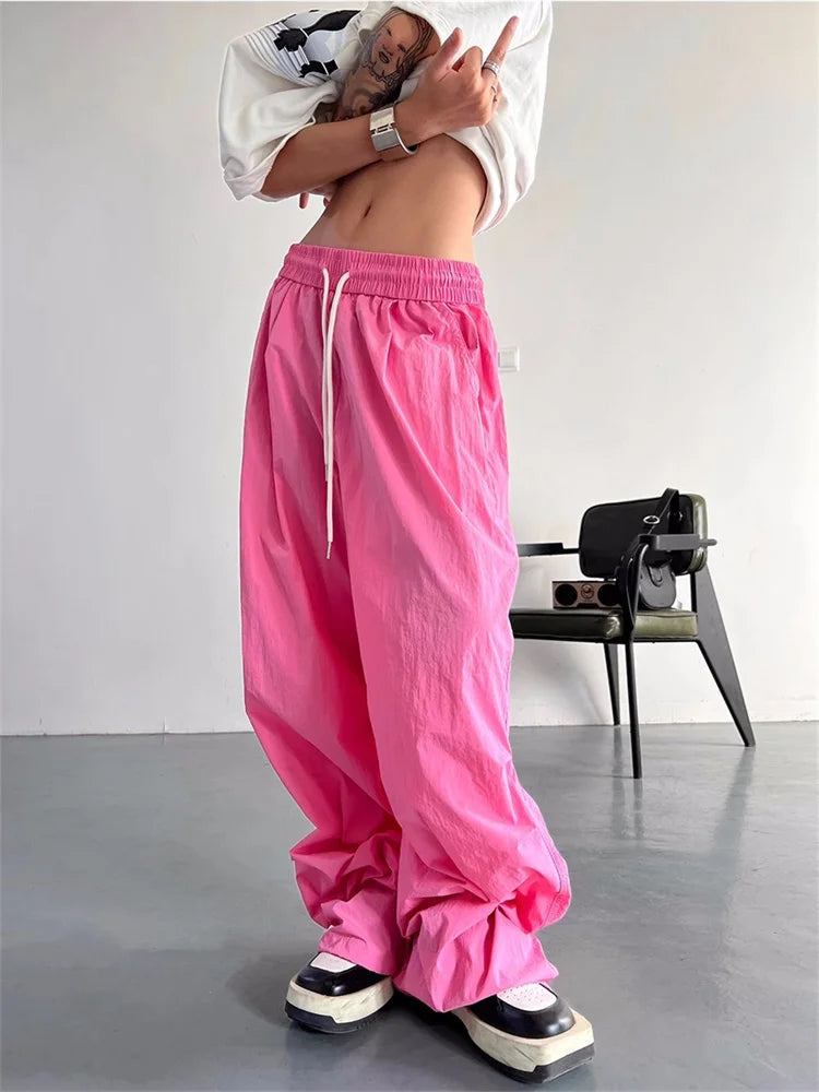 Koisoon American Retro Green Parachute Pants Women Y2K Streetwear Pink Track Trousers Oversized Harajuku Quick Dry Gray Sweatpants