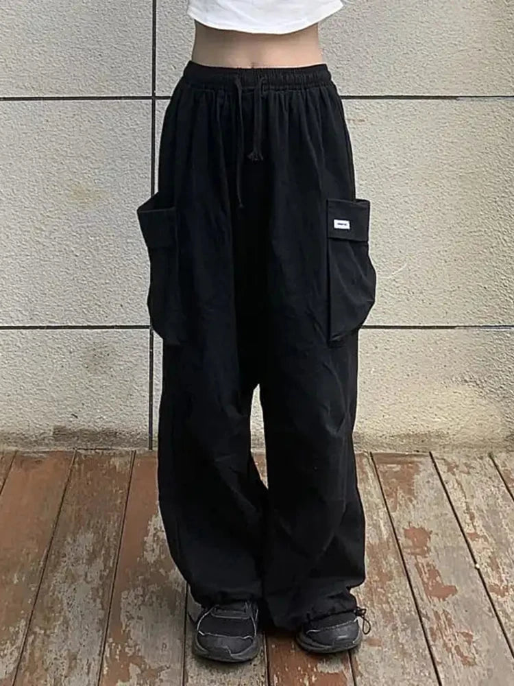 Koisoon 100% Cotton Women Cargo Pants Summer BF Loose Korean Black High Street Student Wide Leg Pants Fashion Pocket Trousers