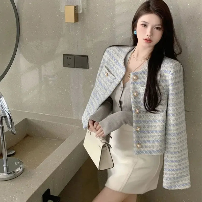 Koisoon Korean Clothing Women Short Wool Coat Spring Autumn Temperament Elegant Pearl Button Fashion Casual Cardigans Long Sleeve Jacket