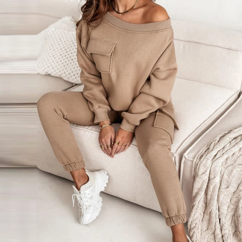 Koisoon Autumn Winter Solid Fleece Sweatshirt Suit Women Casual Off Shoulder Top Pullover & Sweatpants Set Fashion Sportswear Tracksuits