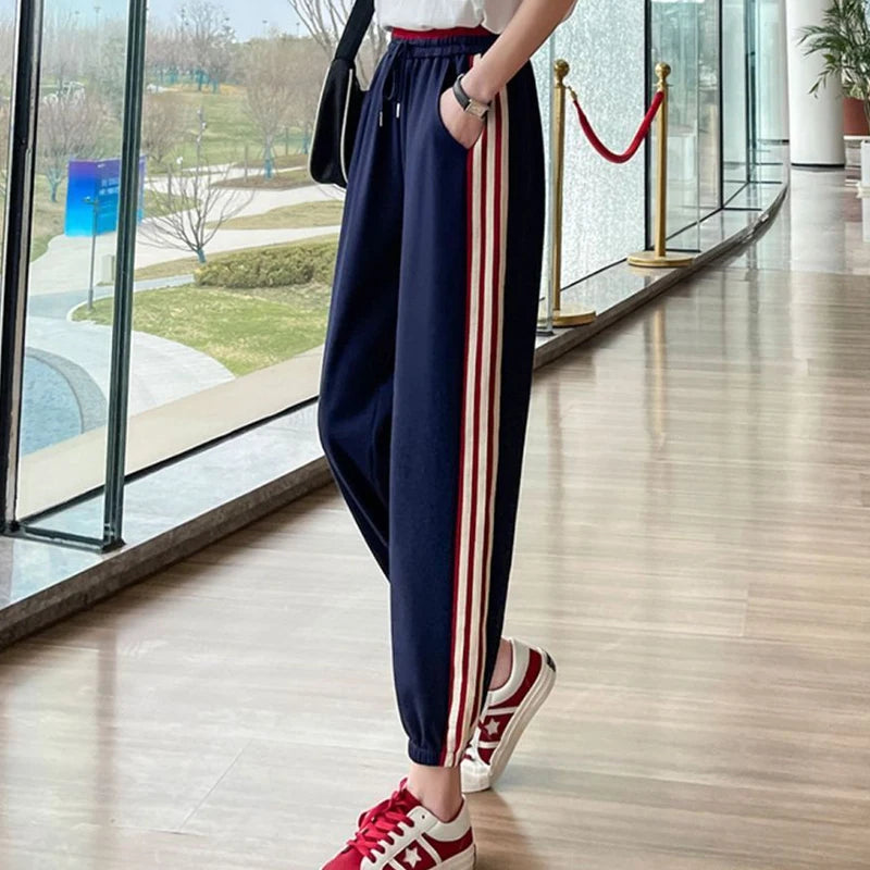 Koisoon High Waist Women Sweatpants Korean Fashion Striped Loose Ankle Length Pants Female Summer All Match Streetwear Harem Pants