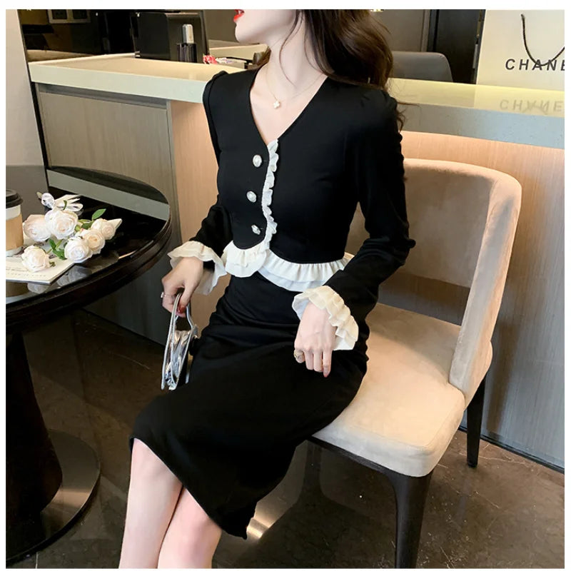 Koisoon Elegant Party Fashion Black Midi Dresses for Women Autumn New V-neck Long Sleeve Patchwork Korean Chic Slim Female Clothing