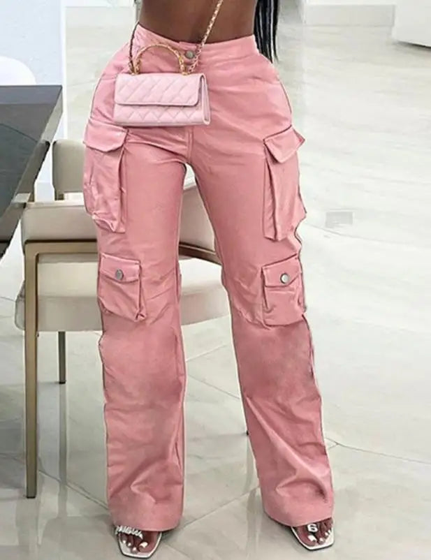 Koisoon Pink Cargo Pants for Women 2024 Spring Straight Leg Solid Multi-Pocket Design High Waist Pu Leather Loose Baggy Pants Streetwear