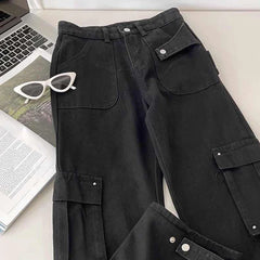 Koisoon Women Denim Cargo Pants Korean Retro Streetwear Loose Wide Leg Pants Y2K Spring Casual Female Pockets Hip Hop Trousers New