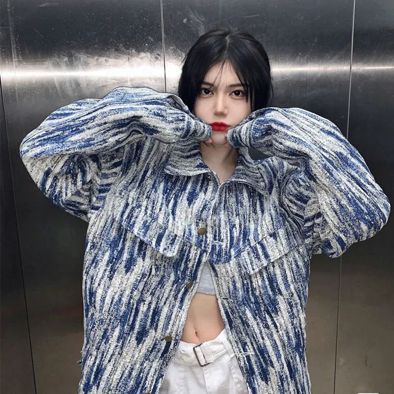 Koisoon Streetwear Women Denim Jacket Korean Retro Tie Dye Loose Long Sleeve Coats Autumn Harajuku Female Casual All Match Outwear