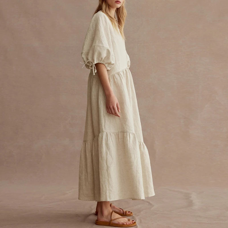 Koisoon Newly French Vintage Elegant Cotton Linen Lantern Sleeve Women Dresses 2023 Summer Casual Solid Tie Loose Maxi Female Dress