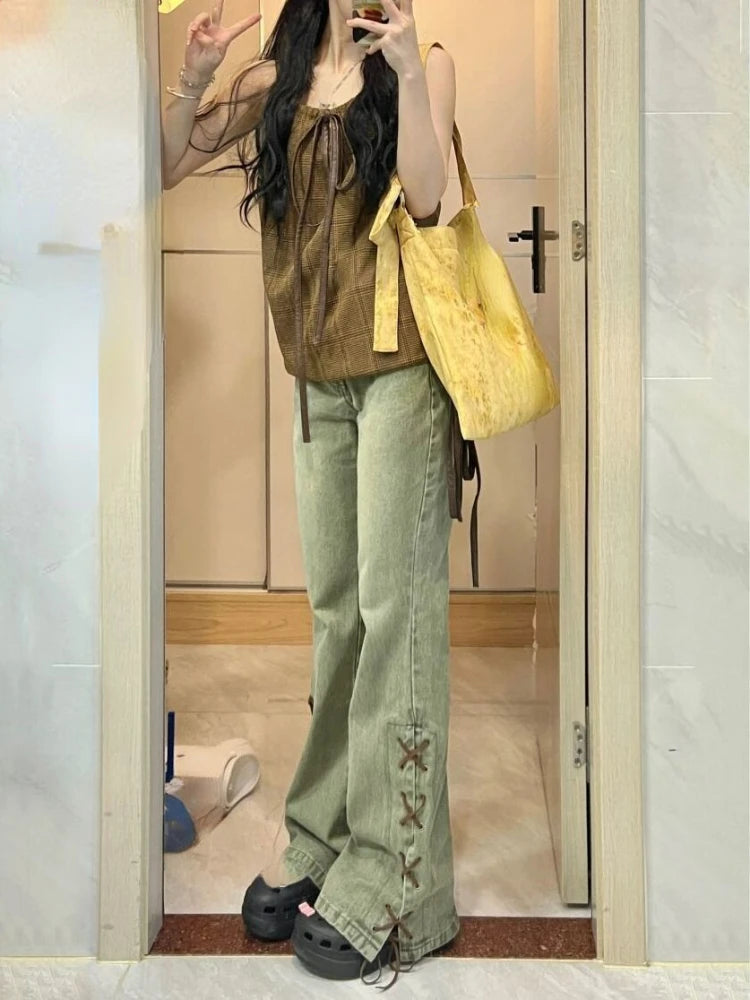 Koisoon Harajuku Streetwear Y2K Retro Fashion Women High Waist Jeans Green Design Wide Leg Straight Loose Denim Trousers Y2K Baggy Pants