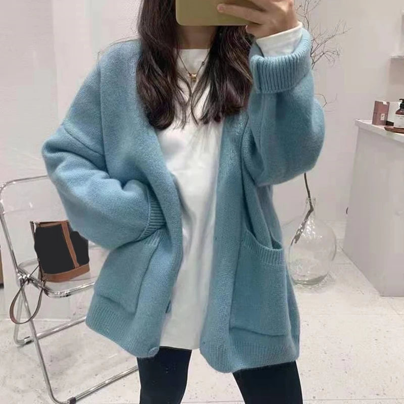 Koisoon 2024 Chic Yellow Sweater Cardigan Women Lazy Wind Single-Breasted Knitted Cardigan Women Solid V Neck Cardigans Female