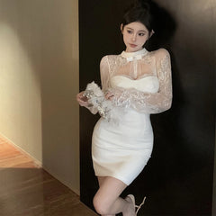 Koisoon Fashion Women Lace Dress Korean Style Casual Sexy Hollow Out Female Mini Dresses Y2K Elegant Bell Sleeve Dress Spring New