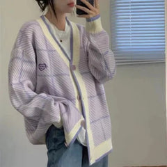 Koisoon Fashion Women Plaid Sweater Autumn Korean Casual Loose Cardigan Knitted Coats Female All Match Patchwork Jacket New