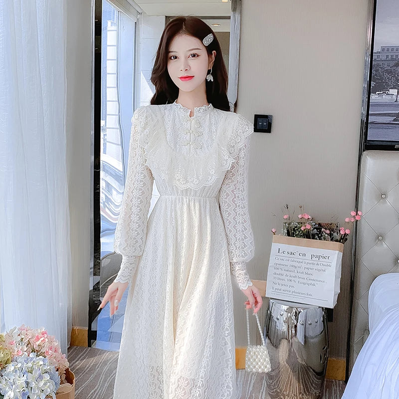 Koisoon Elegant Sweet Vintage Solid Lace Women Midi Dresses for New Autumn Fashion Long Sleeved Cute Party Birthday Fairy Dress