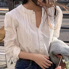 Koisoon Long Sleeve Lace White Shirts New Fashion Embroidered Woman Blouse Vintage Loose Women Korean Doll Collar Tops