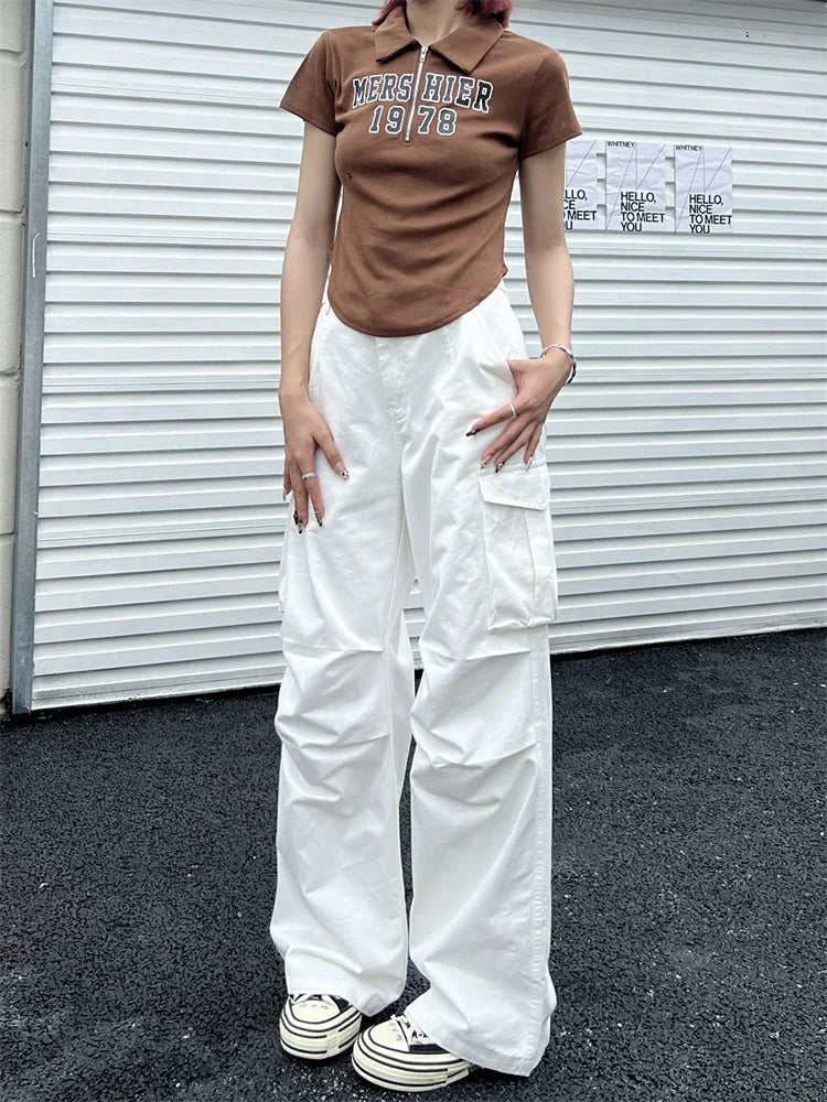 Koisoon Cyber Y2K White Cargo Pants Women Korean Style Egirl Brown Wide Leg Trousers Oversized Streetwear Hip Hop Pleated Pantalon