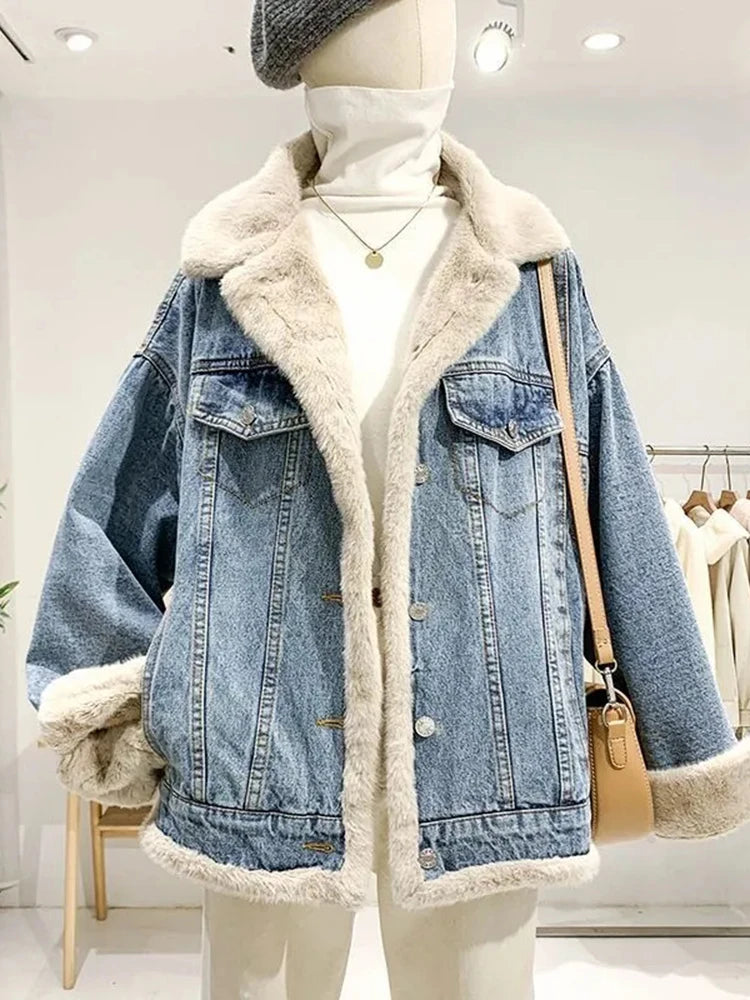 Koisoon Winter Thicken Denim Jacket Women Loose Casual Warm Jeans Coats Street Wear Fur Collar Long Sleeves Female Clothes