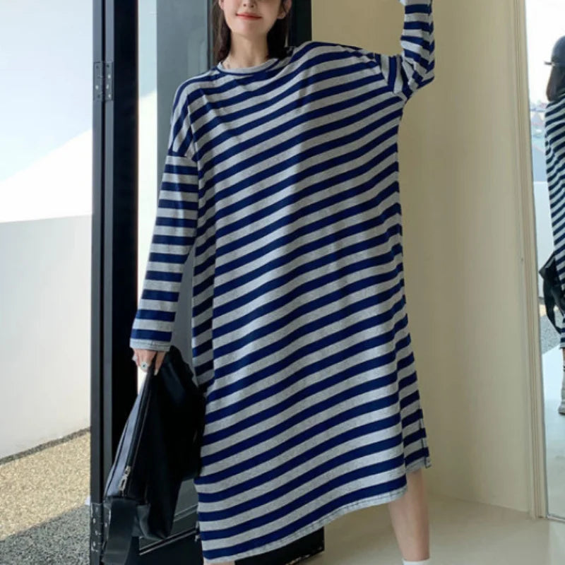 Koisoon Korean Fashion Women Oversized Black Gray Striped Dress Spring Autumn New Versatile Casual Side Slit Loose Long Sleeve Dresses