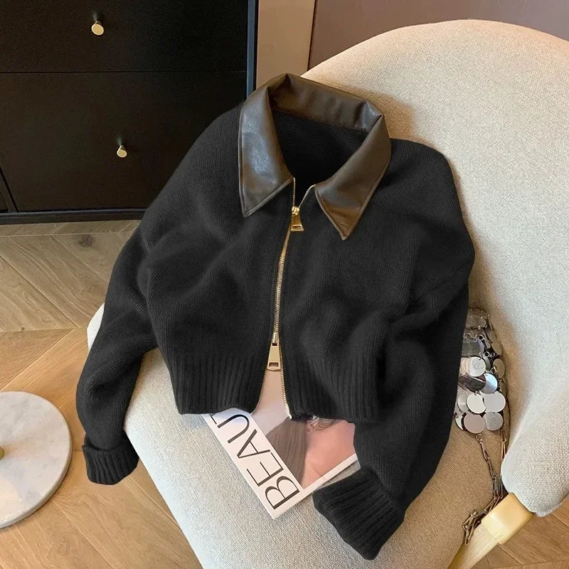 Koisoon Spliced Leather Collar Knit Sweater Fashion Double Zipper Cardigan Women's Autumn/Winter New Soft Vintage Long Sleeve Streetwear