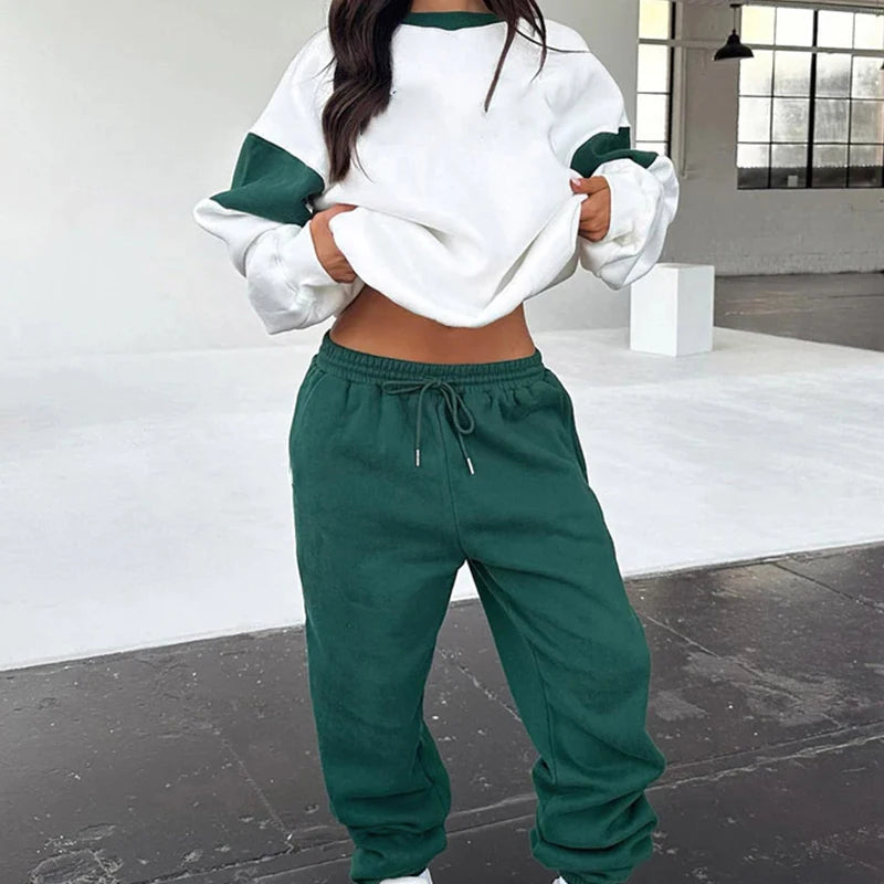 Koisoon Autumn Round Neck Top Pullover & Sweatpants Outfits Women Contrast Color Sports Tracksuit Winter Loose Two Piece Suit Sets Mujer