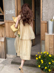 Koisoon Sleeveless Dress for Women New Fashion Elegant O Neck Solid Dresses French Style Loose Midi Summer Dress