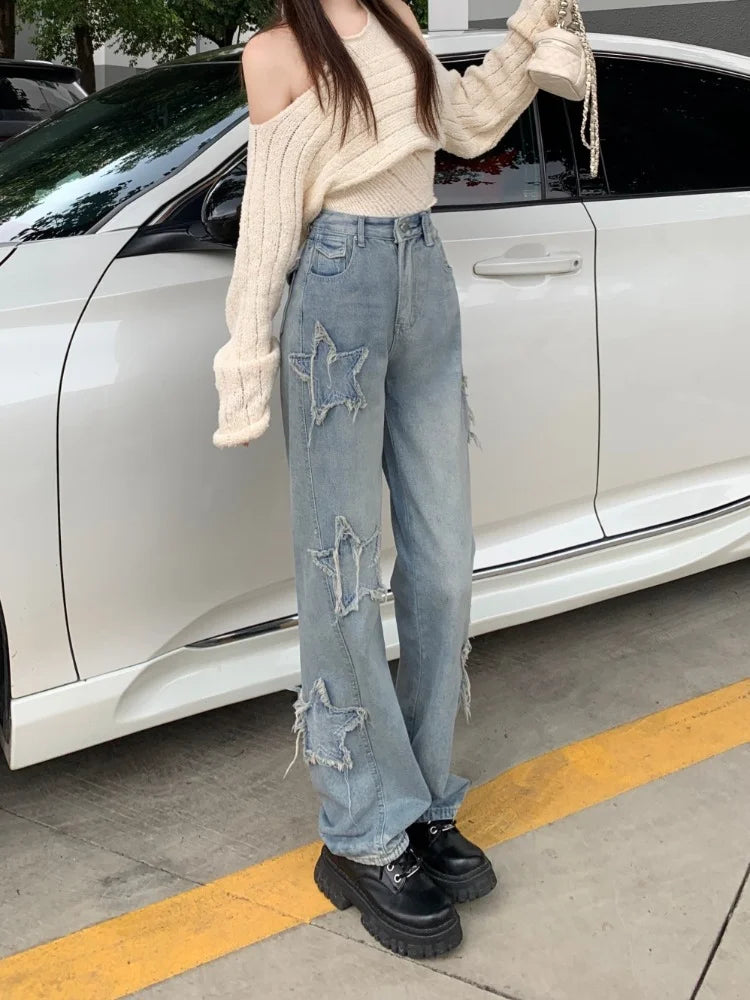 Koisoon Y2k Women Boyfriend Wide Jeans Harajuku Star Patchwork Oversize Pants Hippie Outfits Korean Style Clothes Mujer New