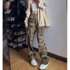 Koisoon Streetwear Fashion Women Camouflage Cargo Jeans Spring Autumn Hip Hop Vintage High Waist Pant Washed Loose Wide Leg Y2k Trousers