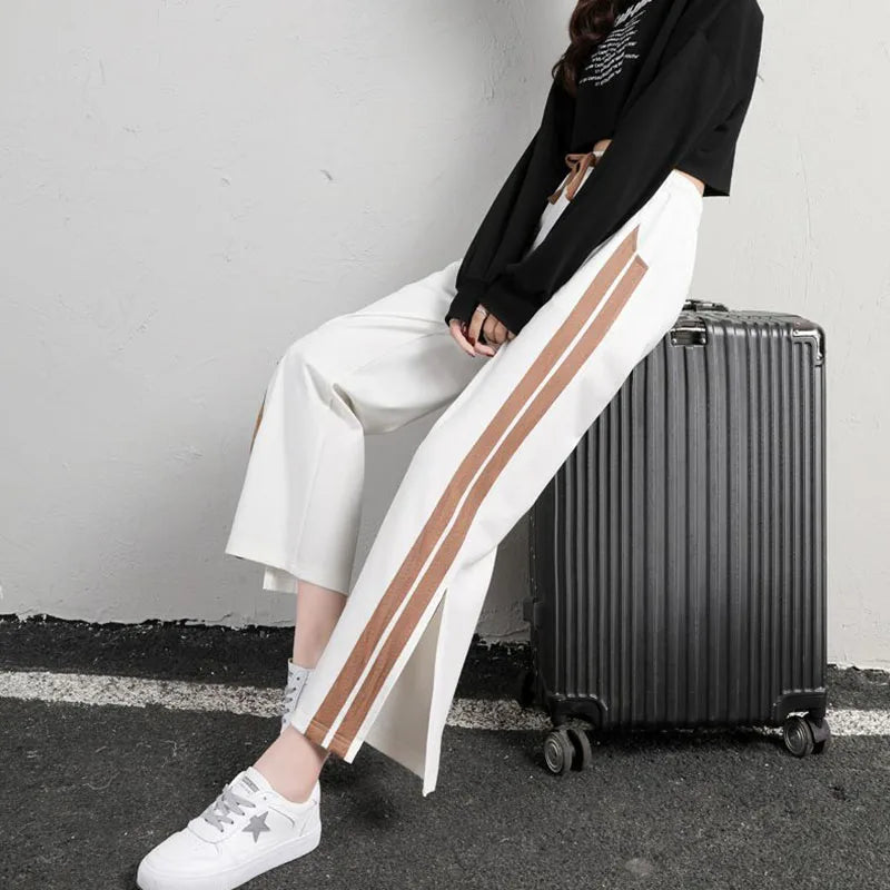 Koisoon Women Fashion Striped Pants Korean Casual Streetwear Loose Ankle Length Pants Summer All Match Female Slits Sweatpants