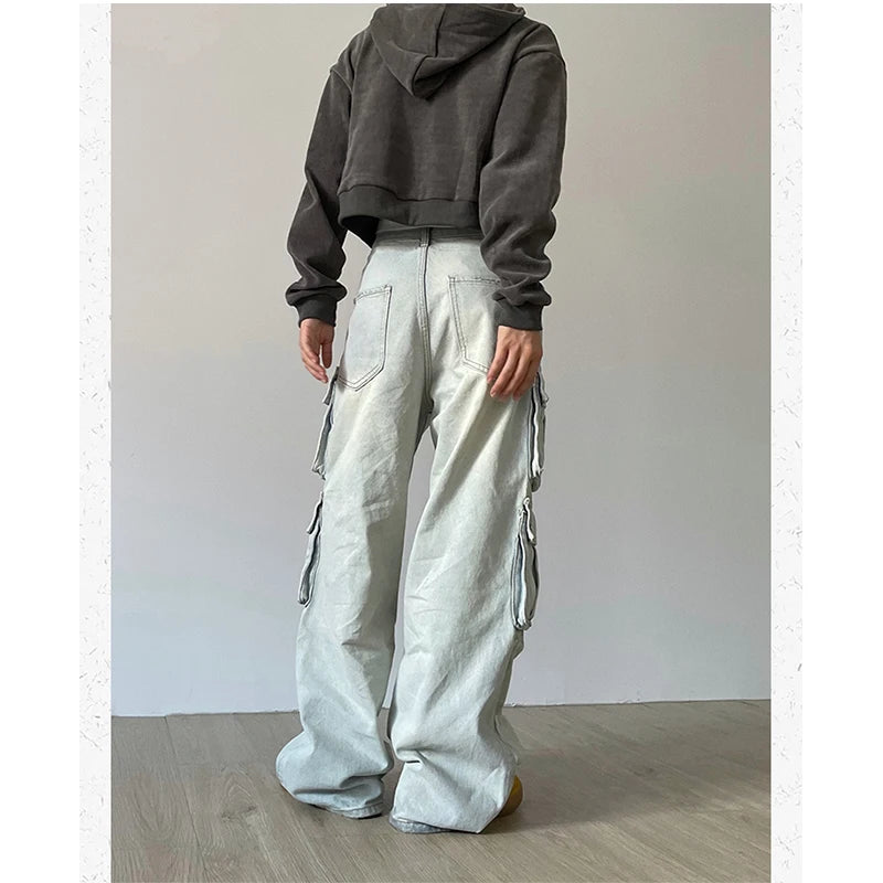 Koisoon Women Blue Jeans Hip Hop Streetwear High Waist American Wide Leg Pants Fashion Y2K Style Female Winter Straight Trousers