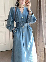 Koisoon V Neck Denim Dress Women Spring Autumn French Style A-line Jeans Long Sleeve Dress Single Breasted Casual Solid Robe