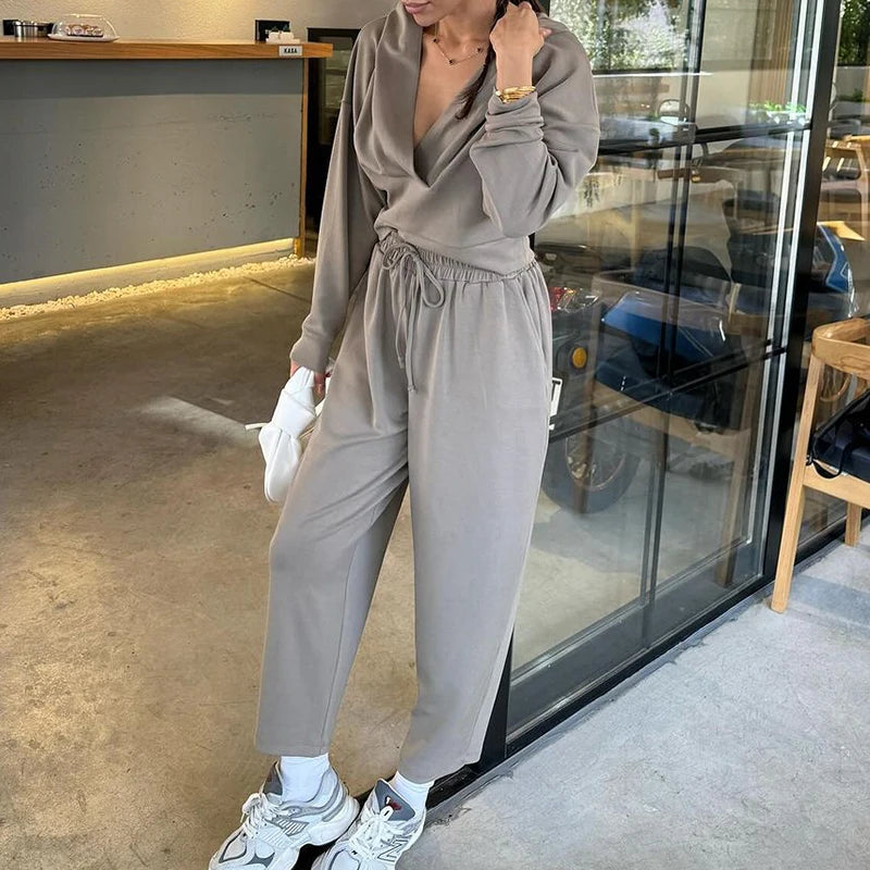 Koisoon New Autumn Loose Lace Up Sweatpants Suits Fashion Loose Sports Two Piece Sets Casual Hooded Long Sleeve Pullover Women Outfits