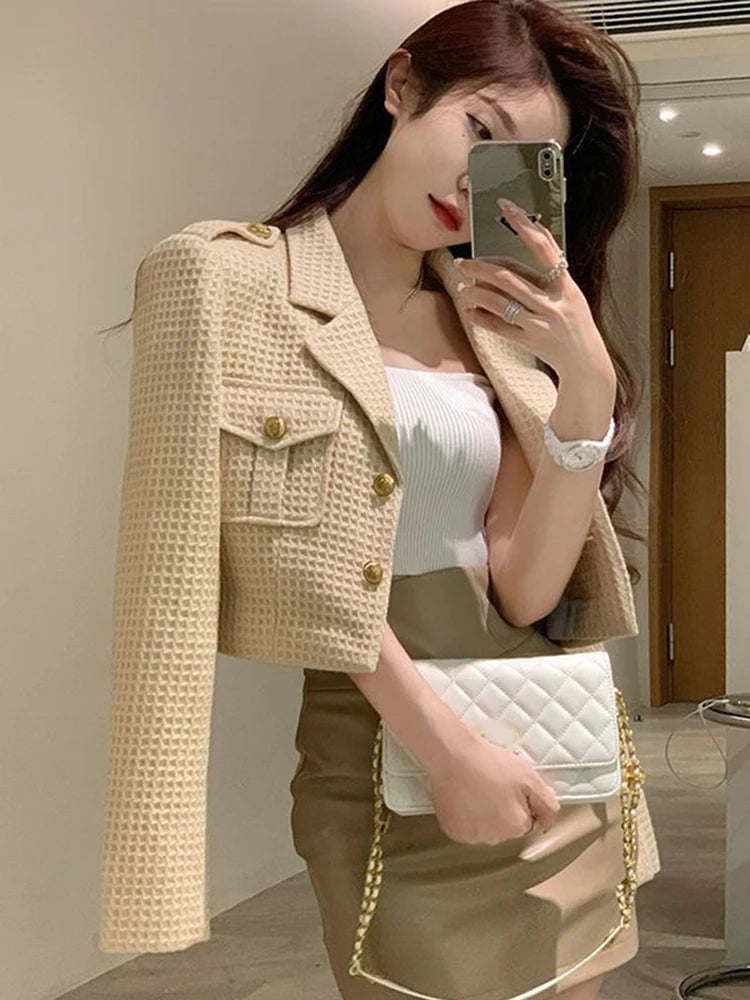 Koisoon Office Lady Sexy Cropped Tweed Jackets Korean Fashion Slim Blazer Coat Women Simple Casual Long Sleeve Buttons Outwear New