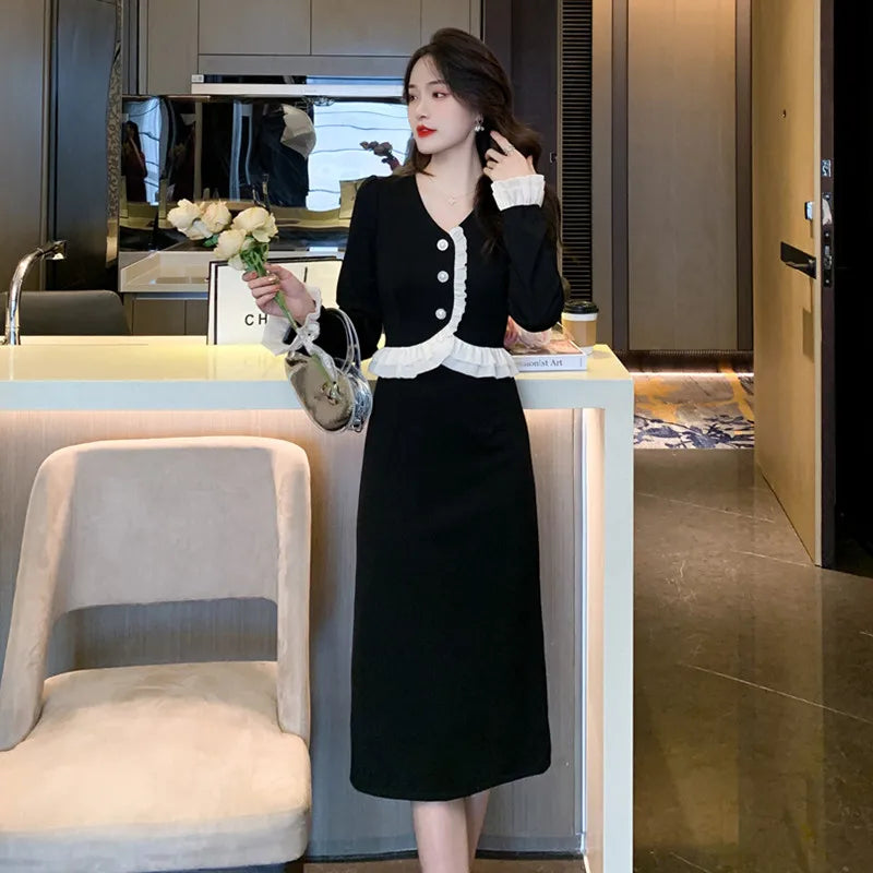 Koisoon Elegant Party Fashion Black Midi Dresses for Women Autumn New V-neck Long Sleeve Patchwork Korean Chic Slim Female Clothing