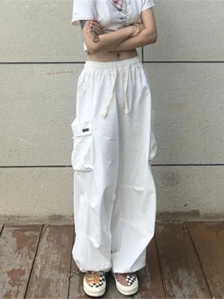 Koisoon 100% Cotton Women Cargo Pants Summer BF Loose Korean Black High Street Student Wide Leg Pants Fashion Pocket Trousers