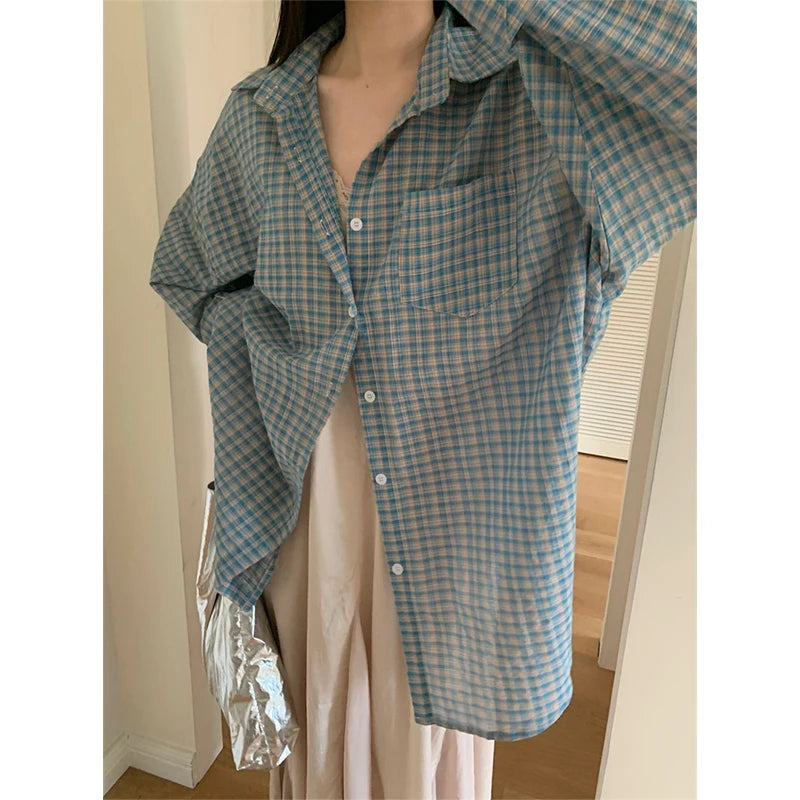 Koisoon Harajuku Plaid Sun Proof Shirts Women Streetwear Oversized Long Sleeve Blouses Summer Korean Fashion Loose Sun Protection Tops