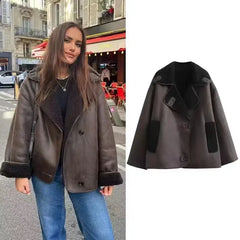 Koisoon 2024 Woman Thick Faux Leather Jackets For Women Autumn Winter Warm Wool Blends Coats Demi-Season Plush Jacket Outerwear Female