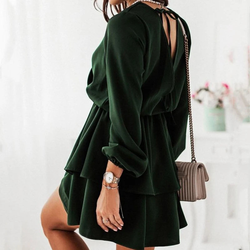 Koisoon Sexy Wrap V-neck Tunic Ruffle Mini Dress Women Spring Solid Tie-up Backless Office Dress Autumn Long Sleeve A-Line Party Dresses